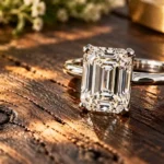 Solitaire ring featuring lab grown diamonds Sydney design resting on textured reclaimed timber.
