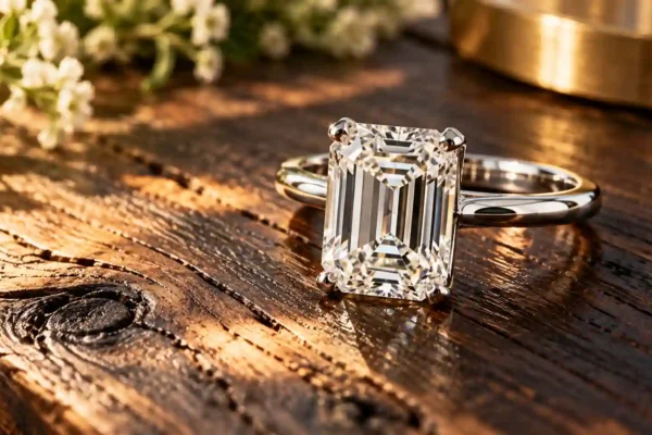 Solitaire ring featuring lab grown diamonds Sydney design resting on textured reclaimed timber.