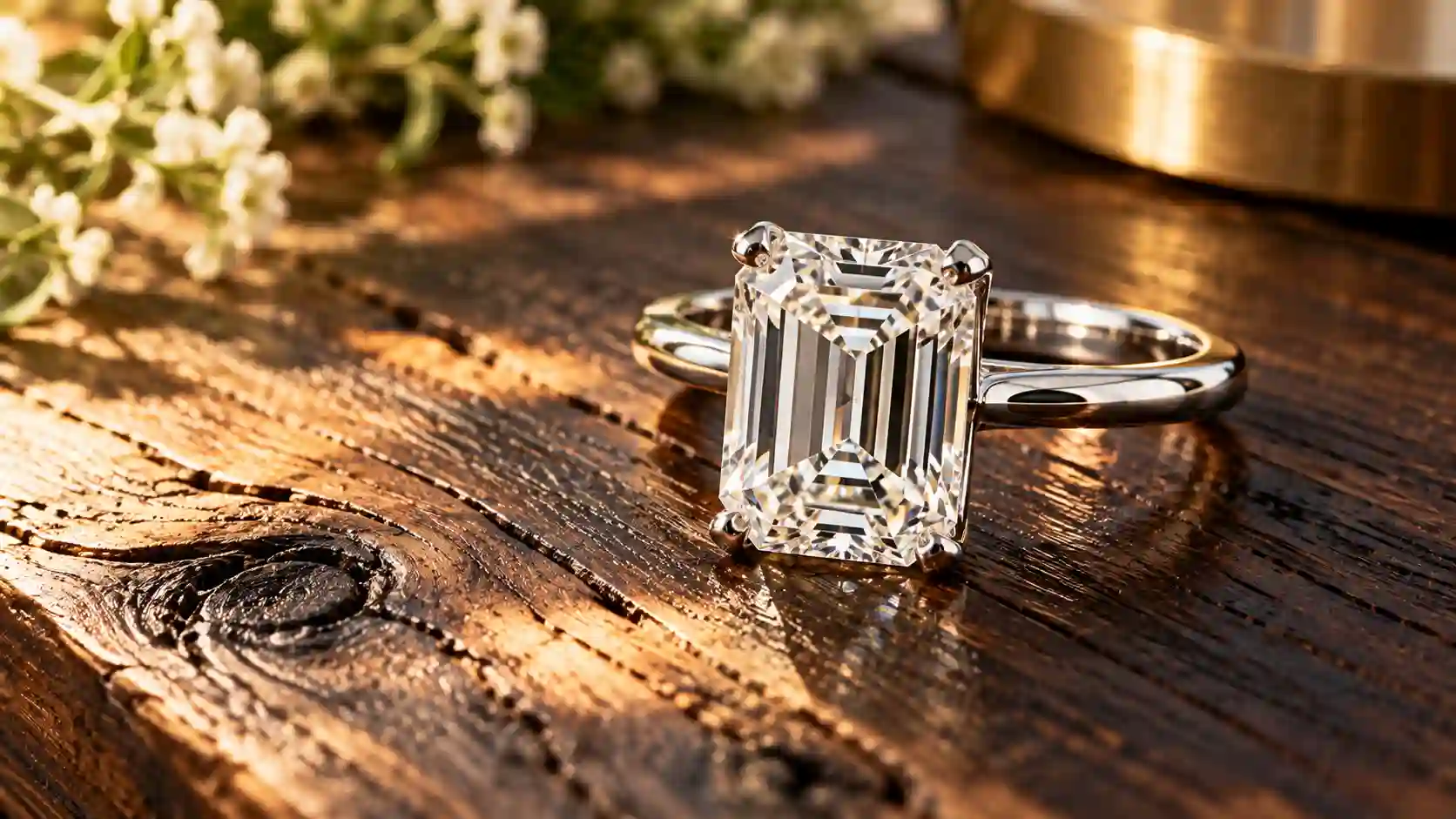 Solitaire ring featuring lab grown diamonds Sydney design resting on textured reclaimed timber.